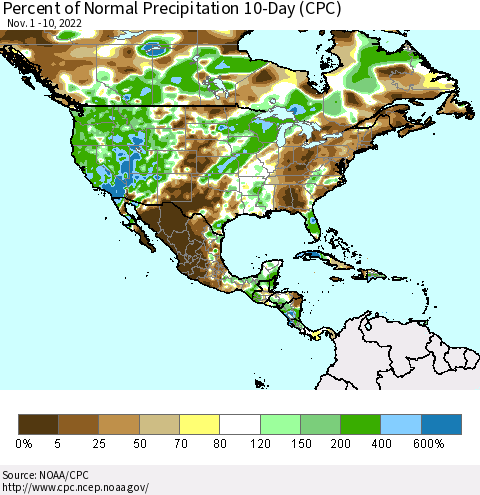 North America Percent of Normal Precipitation 10-Day (CPC) Thematic Map For 11/1/2022 - 11/10/2022