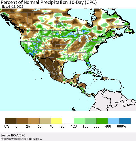 North America Percent of Normal Precipitation 10-Day (CPC) Thematic Map For 11/6/2022 - 11/15/2022