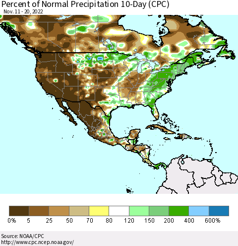 North America Percent of Normal Precipitation 10-Day (CPC) Thematic Map For 11/11/2022 - 11/20/2022