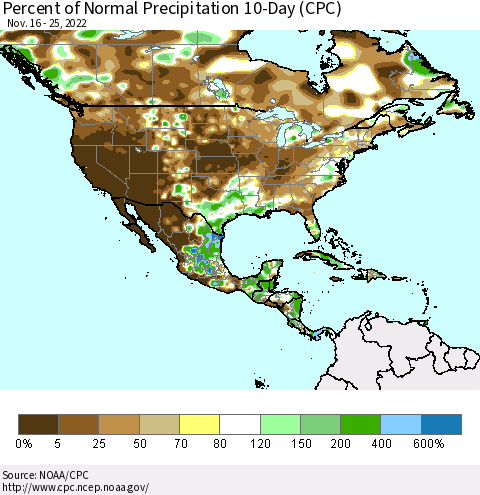 North America Percent of Normal Precipitation 10-Day (CPC) Thematic Map For 11/16/2022 - 11/25/2022