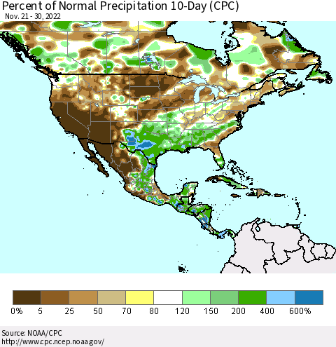 North America Percent of Normal Precipitation 10-Day (CPC) Thematic Map For 11/21/2022 - 11/30/2022
