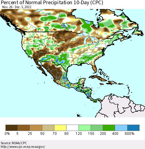 North America Percent of Normal Precipitation 10-Day (CPC) Thematic Map For 11/26/2022 - 12/5/2022