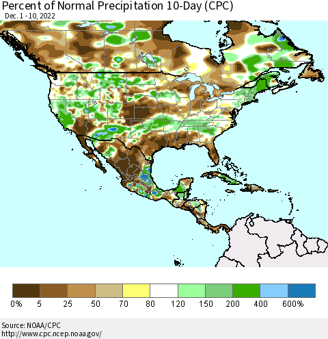 North America Percent of Normal Precipitation 10-Day (CPC) Thematic Map For 12/1/2022 - 12/10/2022