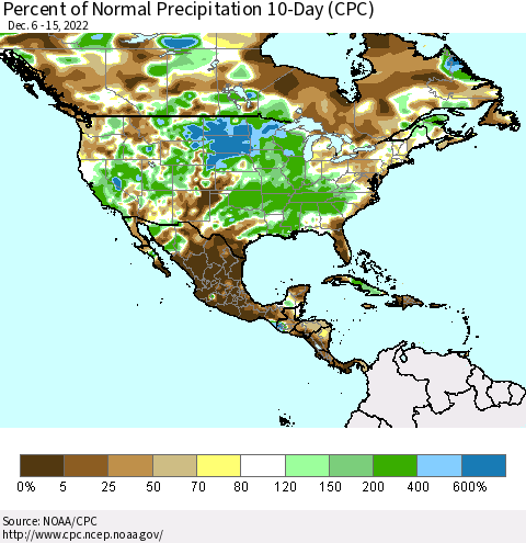 North America Percent of Normal Precipitation 10-Day (CPC) Thematic Map For 12/6/2022 - 12/15/2022