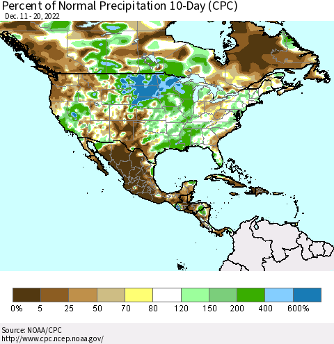 North America Percent of Normal Precipitation 10-Day (CPC) Thematic Map For 12/11/2022 - 12/20/2022