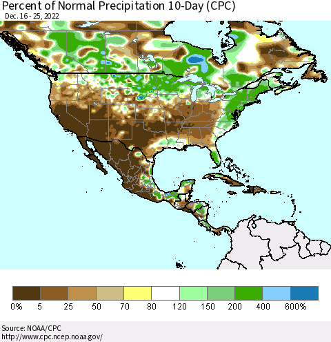 North America Percent of Normal Precipitation 10-Day (CPC) Thematic Map For 12/16/2022 - 12/25/2022