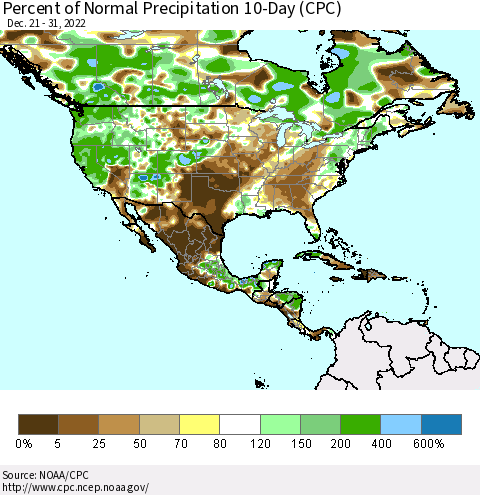 North America Percent of Normal Precipitation 10-Day (CPC) Thematic Map For 12/21/2022 - 12/31/2022