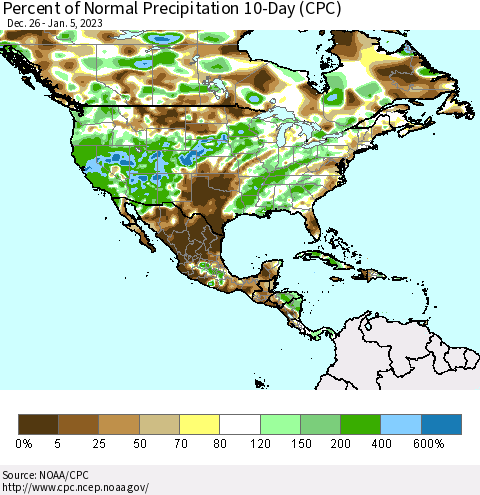 North America Percent of Normal Precipitation 10-Day (CPC) Thematic Map For 12/26/2022 - 1/5/2023