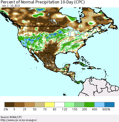 North America Percent of Normal Precipitation 10-Day (CPC) Thematic Map For 1/1/2023 - 1/10/2023