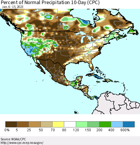 North America Percent of Normal Precipitation 10-Day (CPC) Thematic Map For 1/6/2023 - 1/15/2023