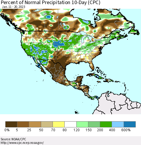 North America Percent of Normal Precipitation 10-Day (CPC) Thematic Map For 1/11/2023 - 1/20/2023