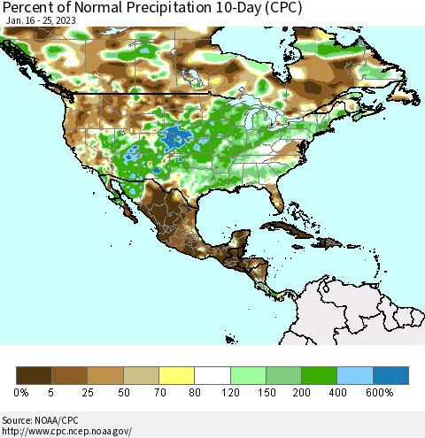 North America Percent of Normal Precipitation 10-Day (CPC) Thematic Map For 1/16/2023 - 1/25/2023