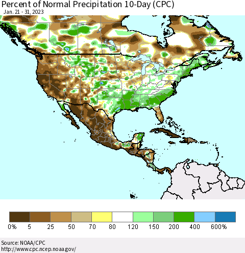 North America Percent of Normal Precipitation 10-Day (CPC) Thematic Map For 1/21/2023 - 1/31/2023