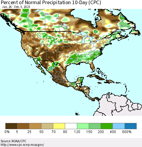 North America Percent of Normal Precipitation 10-Day (CPC) Thematic Map For 1/26/2023 - 2/5/2023