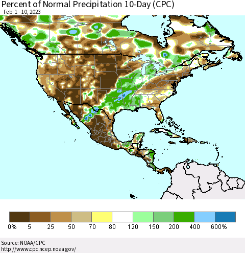 North America Percent of Normal Precipitation 10-Day (CPC) Thematic Map For 2/1/2023 - 2/10/2023