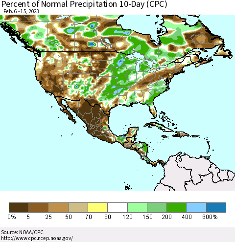 North America Percent of Normal Precipitation 10-Day (CPC) Thematic Map For 2/6/2023 - 2/15/2023