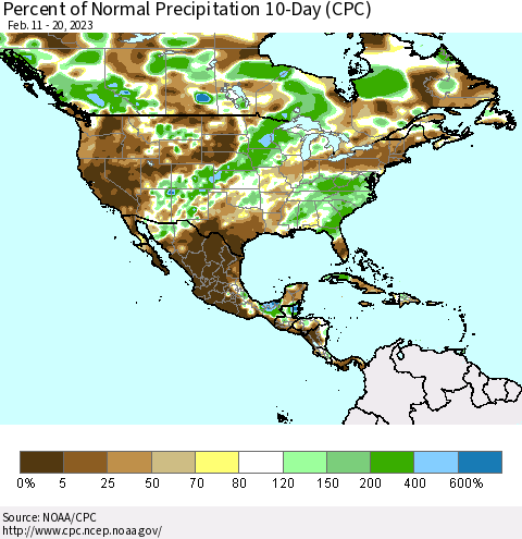 North America Percent of Normal Precipitation 10-Day (CPC) Thematic Map For 2/11/2023 - 2/20/2023
