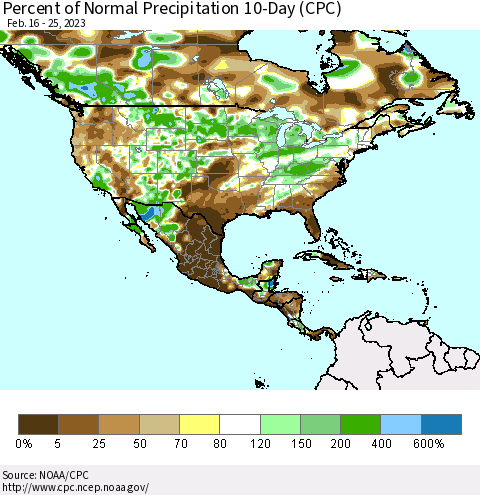 North America Percent of Normal Precipitation 10-Day (CPC) Thematic Map For 2/16/2023 - 2/25/2023