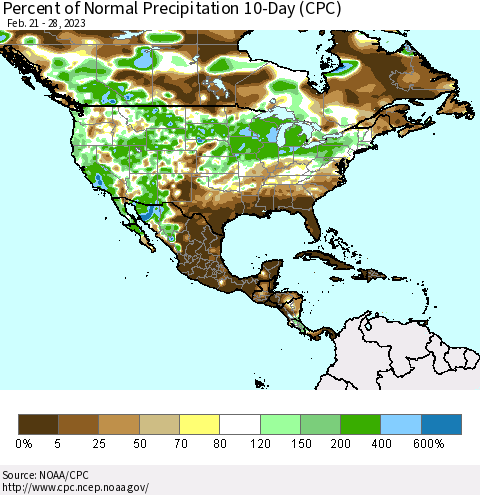 North America Percent of Normal Precipitation 10-Day (CPC) Thematic Map For 2/21/2023 - 2/28/2023