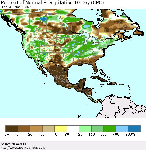 North America Percent of Normal Precipitation 10-Day (CPC) Thematic Map For 2/26/2023 - 3/5/2023