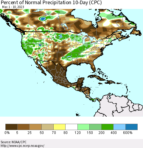 North America Percent of Normal Precipitation 10-Day (CPC) Thematic Map For 3/1/2023 - 3/10/2023