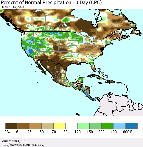 North America Percent of Normal Precipitation 10-Day (CPC) Thematic Map For 3/6/2023 - 3/15/2023