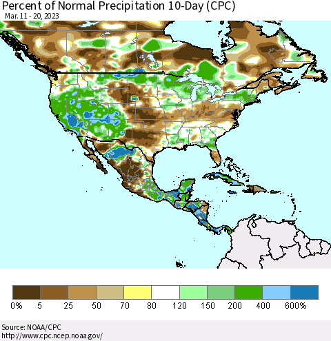 North America Percent of Normal Precipitation 10-Day (CPC) Thematic Map For 3/11/2023 - 3/20/2023