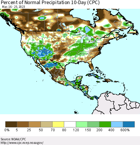 North America Percent of Normal Precipitation 10-Day (CPC) Thematic Map For 3/16/2023 - 3/25/2023