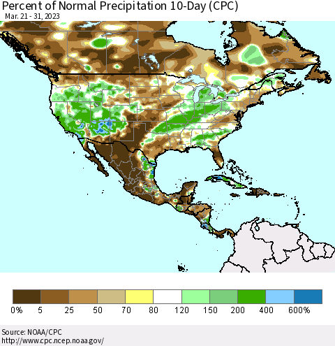 North America Percent of Normal Precipitation 10-Day (CPC) Thematic Map For 3/21/2023 - 3/31/2023