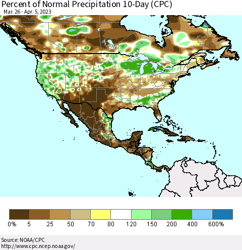North America Percent of Normal Precipitation 10-Day (CPC) Thematic Map For 3/26/2023 - 4/5/2023