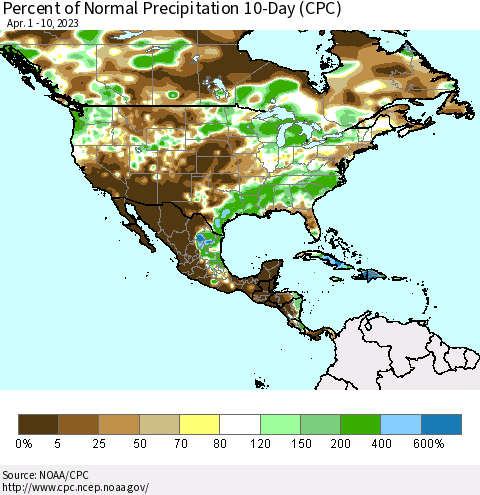 North America Percent of Normal Precipitation 10-Day (CPC) Thematic Map For 4/1/2023 - 4/10/2023