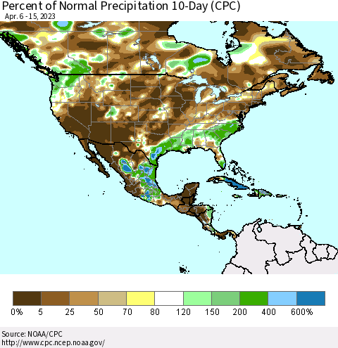 North America Percent of Normal Precipitation 10-Day (CPC) Thematic Map For 4/6/2023 - 4/15/2023