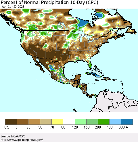 North America Percent of Normal Precipitation 10-Day (CPC) Thematic Map For 4/11/2023 - 4/20/2023