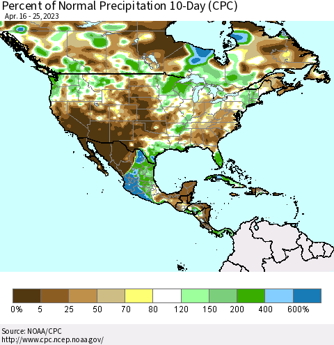 North America Percent of Normal Precipitation 10-Day (CPC) Thematic Map For 4/16/2023 - 4/25/2023