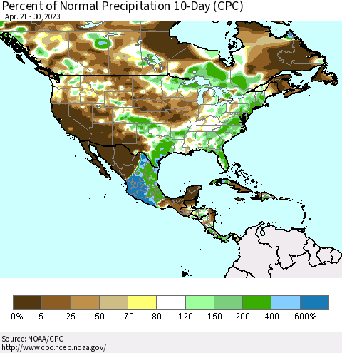 North America Percent of Normal Precipitation 10-Day (CPC) Thematic Map For 4/21/2023 - 4/30/2023