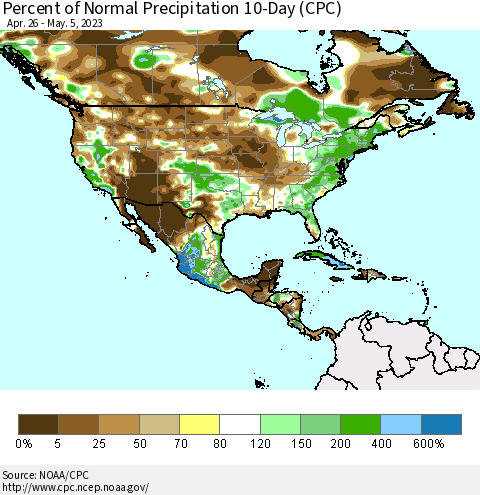 North America Percent of Normal Precipitation 10-Day (CPC) Thematic Map For 4/26/2023 - 5/5/2023