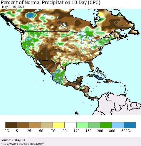 North America Percent of Normal Precipitation 10-Day (CPC) Thematic Map For 5/1/2023 - 5/10/2023