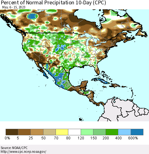 North America Percent of Normal Precipitation 10-Day (CPC) Thematic Map For 5/6/2023 - 5/15/2023
