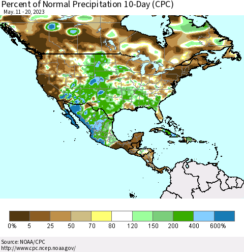 North America Percent of Normal Precipitation 10-Day (CPC) Thematic Map For 5/11/2023 - 5/20/2023