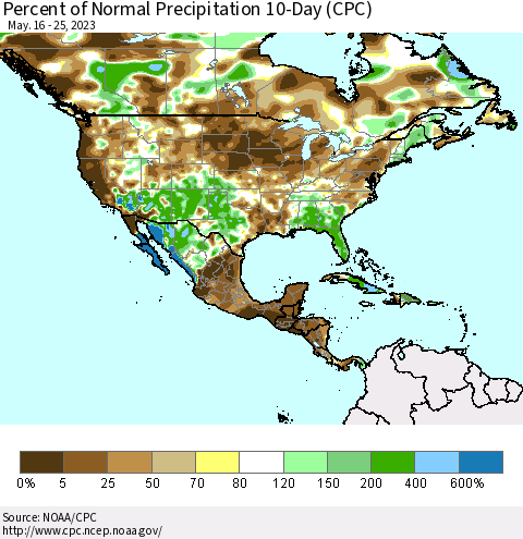 North America Percent of Normal Precipitation 10-Day (CPC) Thematic Map For 5/16/2023 - 5/25/2023