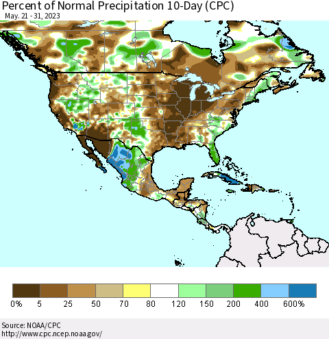 North America Percent of Normal Precipitation 10-Day (CPC) Thematic Map For 5/21/2023 - 5/31/2023