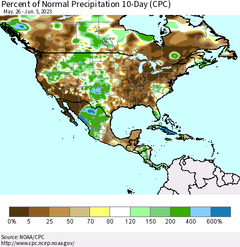 North America Percent of Normal Precipitation 10-Day (CPC) Thematic Map For 5/26/2023 - 6/5/2023