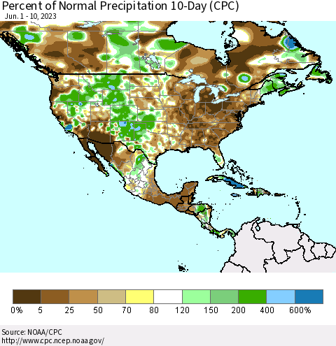 North America Percent of Normal Precipitation 10-Day (CPC) Thematic Map For 6/1/2023 - 6/10/2023