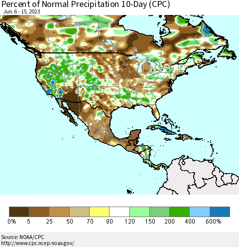 North America Percent of Normal Precipitation 10-Day (CPC) Thematic Map For 6/6/2023 - 6/15/2023