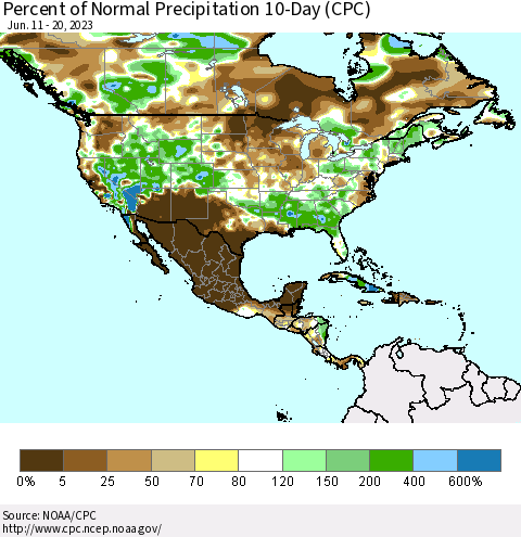 North America Percent of Normal Precipitation 10-Day (CPC) Thematic Map For 6/11/2023 - 6/20/2023