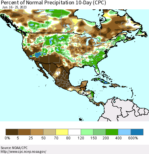 North America Percent of Normal Precipitation 10-Day (CPC) Thematic Map For 6/16/2023 - 6/25/2023