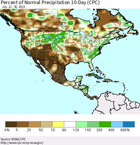 North America Percent of Normal Precipitation 10-Day (CPC) Thematic Map For 6/21/2023 - 6/30/2023