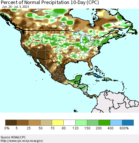North America Percent of Normal Precipitation 10-Day (CPC) Thematic Map For 6/26/2023 - 7/5/2023