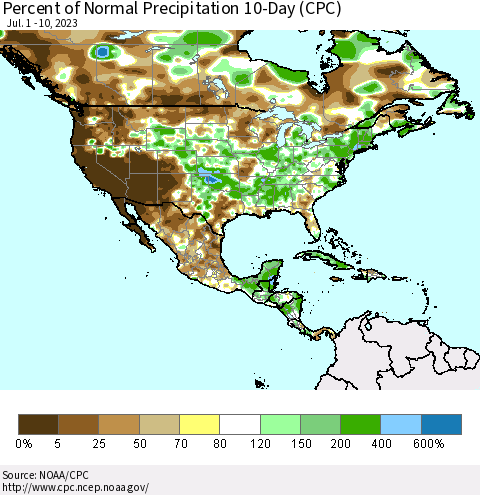 North America Percent of Normal Precipitation 10-Day (CPC) Thematic Map For 7/1/2023 - 7/10/2023
