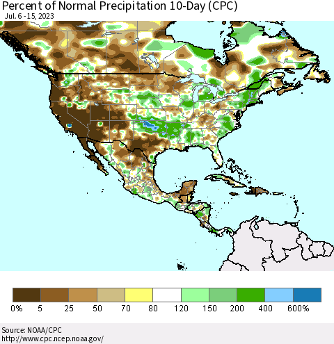 North America Percent of Normal Precipitation 10-Day (CPC) Thematic Map For 7/6/2023 - 7/15/2023